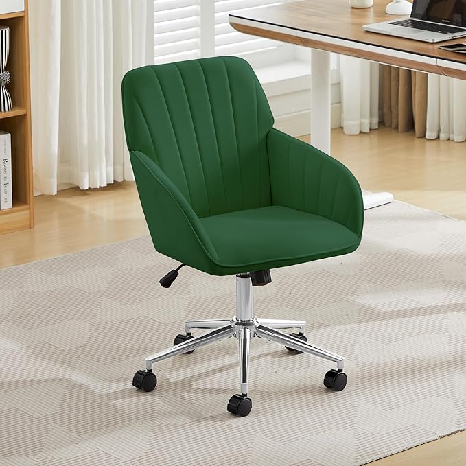 YITAI Velvet Office Desk Chair with Silver Foot Base, with Wheels,Modern Height Adjustable 360 Degree Swivel Upholstered Vanity Chairs with Arms for Living Room Bedroom,Green