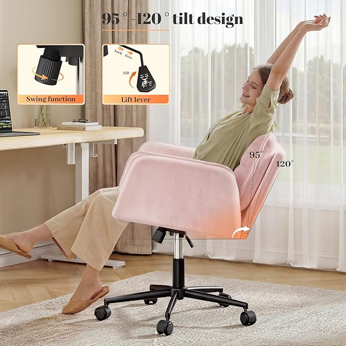 Criss Cross Chair with Wheels, Pink Desk Chair with Adjustable Armrests, Vanity Chair with Back for Bedroom, Makeup Room and Office Room