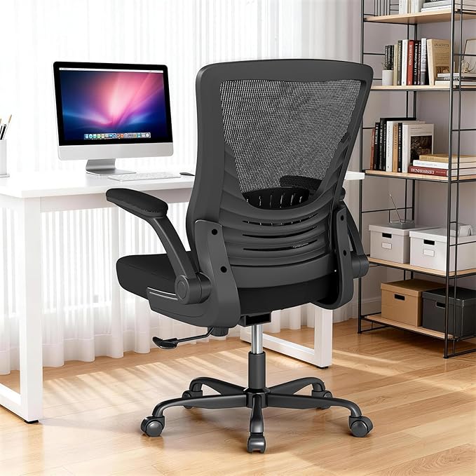 Ergonomic Office Chair – Comfy Mesh Desk Chair with Flip-Up Armrests & Silent Wheels, Adjustable Height Home Computer Chair, Breathable & Supportive for Long Hours Sitting