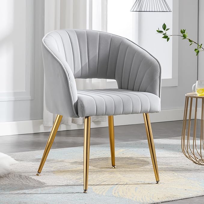 Home Office Chair Velvet Desk Chair Accent Armchair Upholstered Modern Tufted Chairs with Gold Legs for Girls Women Ergonomic Study Seat Computer Task Stools for Living Room(Light Gray)
