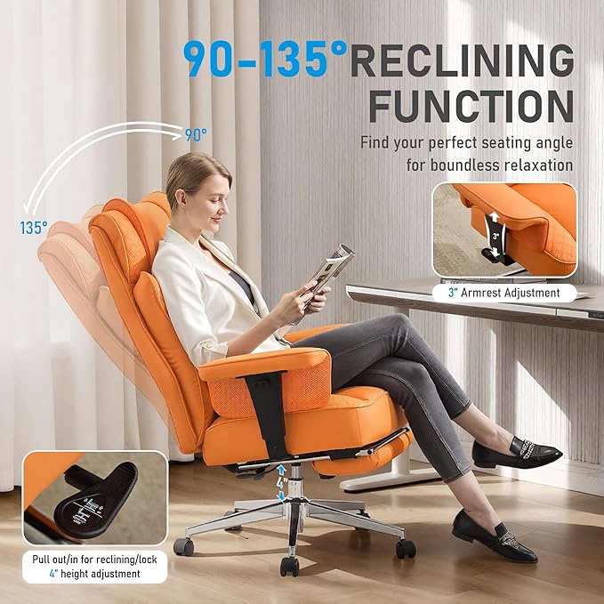 Big and Tall Office Chair, High-Back Leather Executive Reclining Chair with Footrest, Ergonomic Wide Computer Desk Chairs, Comfy Gaming Chair with Lumbar Support and Adjustable Padded Armrests(Orange)
