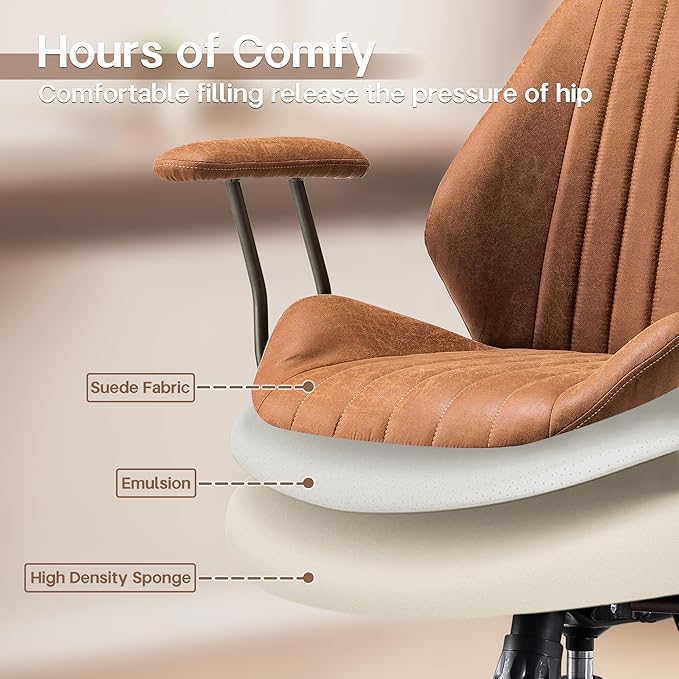 HOOOWOOO Faux Suede Leather Home Office Desk Chair,MCM Modern Ergonomic Task Work Chair,Computer Gaming Chair with Cushion Seat Mid Back for Long Hours(Brown)