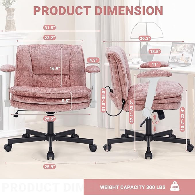 Criss Cross Chair with Wheels and Flip Arms, Upholstered Cross Legged Office Chair with 3 Layer Cushions&Dynamic Airbag Lumbar Support, Wide Seat Comfy Desk Chair for Home Office, Living Room, Pink