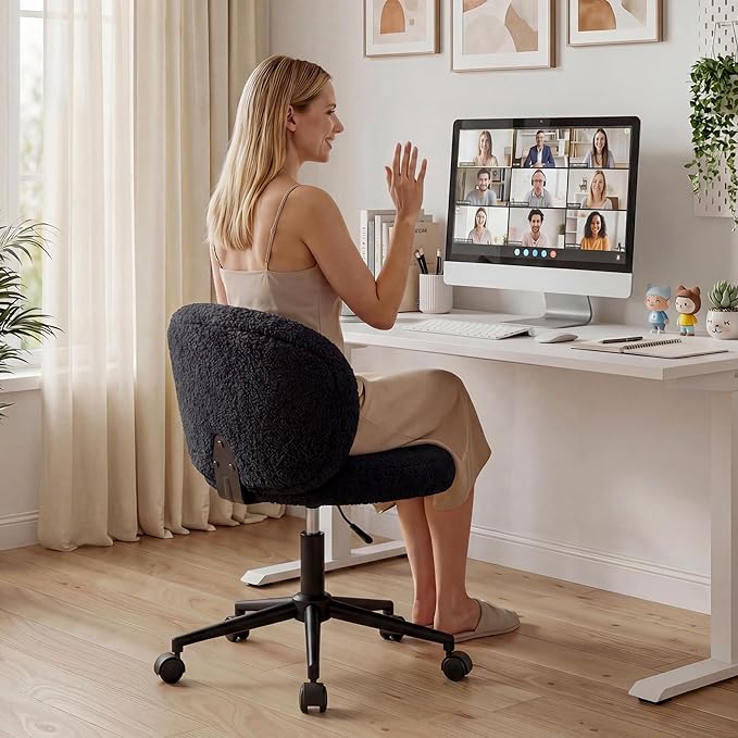 Small Round Desk Chair, Armless Vanity Chair with Wheels, Height Adjustable & 360° Swivel, Cute Comfy Vanity Computer Chair for Bedroom, Home Office, Black
