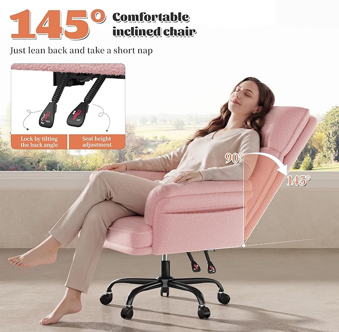 Big and Tall Office Chair with Adjustable Armrests & Wheels，145° Reclining Desk Chair Comfy,Pink Vanity Chair for Home,Office,Bedroom,Teddy Plush