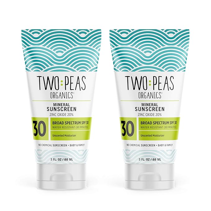 Two Peas Organics Mineral Sunscreen SPF 30 Lotion, Non-Nano Zinc, Reef Safe, Baby & Family Sensitive Skin, Water-Resistant 80 Min, Unscented, Organic & Cruelty Free, 3 oz Twin Pack