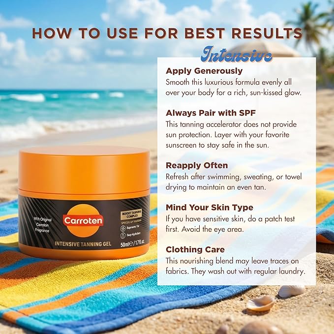 Carroten Mini Intensive Tanning Gel | Travel Size Browning Tan Accelerator | Non-Greasy Water-Resistant with Carrot & Coconut Oil | Vitamin A&E For Moisture & Hydration | 1.7 oz + Spatula