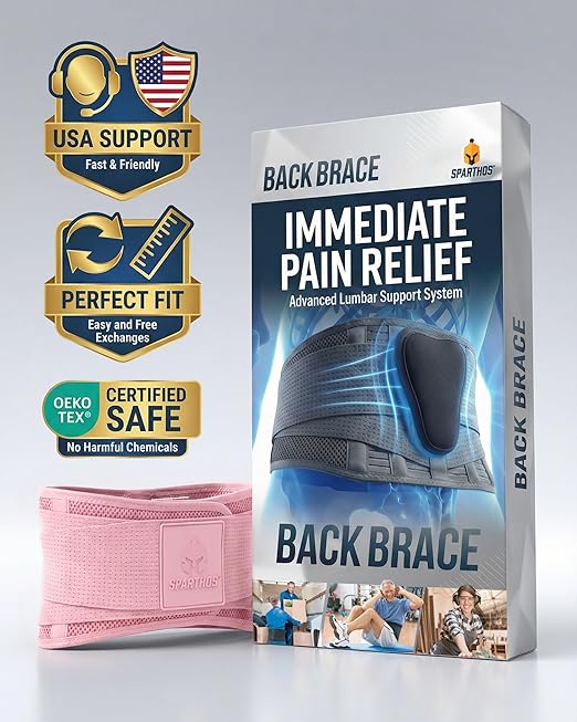 Sparthos Back Brace for Lower Back Pain - Immediate Relief from Sciatica, Herniated Disc - Lumbar Support Pad - For Home & Lifting At Work - For Men & Women - Fits 44–52″ Waist (Pink-L, Check Sizing)