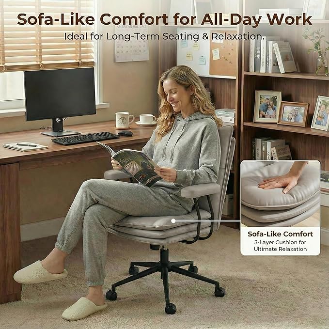 Grey Office Chair with Triple-Layers Thicken Wide Seat, Mid Back Leather Desk Chair with Wheels and Arms, Mid-Century Modern Computer Chair for Home Office