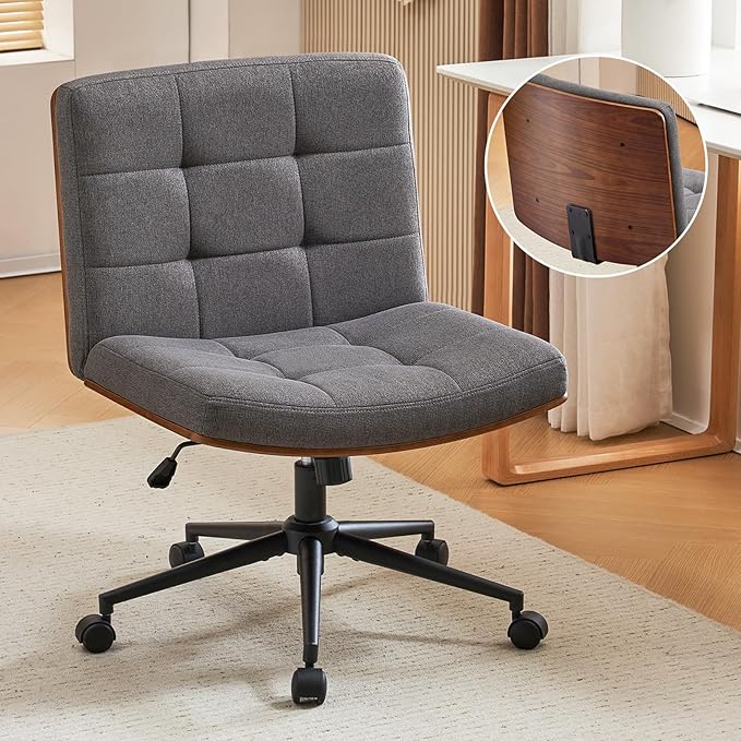 Furnimart Heavy-Duty FSC Wooden Wide Desk Chair, 360° Swivel Criss Cross Office Chair with Wheels, Comfy Cross Legged Sitting, Armless Rolling Chair for Bedroom, Office, Vanity(Linen Gray)