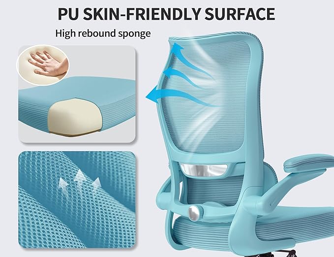 TRALT Ergonomic Office Chair - Desk Chair with Wave High Back Adjustable Lumbar Support Computer Chair - Gaming Chairs Mesh Backrest and PU Leather Seat (Blue Blue)