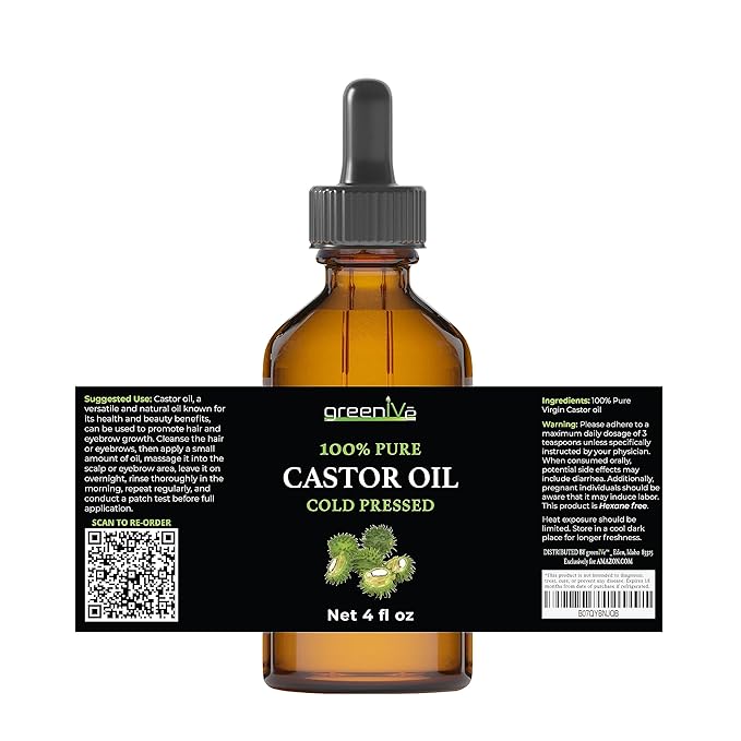 GreenIVe 100% Pure Castor Oil – Cold-Pressed, Hexane-Free – Hair, Eyebrows, Eyelashes, Skin Moisturizer, Castor Pack Wrap Oil Glass Bottle (4 Fl oz)
