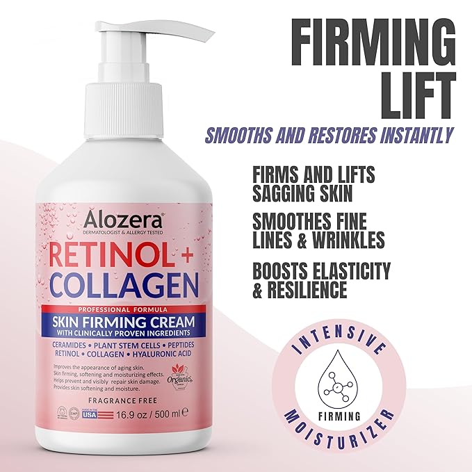 Alozera Skin Firming Retinol Collagen Face & Body Lotion with Stem Cells for Aging Skin and Wrinkles, Non-Greasy, Lightweight Moisturizer, Fragrance-Free, 16.9 oz