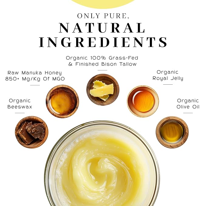 Vanman’s Tallow and Honey Balm - Grass-Fed/Finished Bison Tallow and Essential Oils, Raw Manuka Honey, Organic Royal Jelly, Beeswax, Cold Pressed Olive Oil - Tallow Skin Care for Dry Skin - 2.4 oz