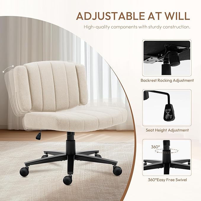White Criss Cross Office Chair with Wheels, Ergonomic Wide Seat Vanity & Dressing Table Chair, Adjustable Arms Swivel Rolling Desk Chair for Women, Comfortable Cross-Legged Support