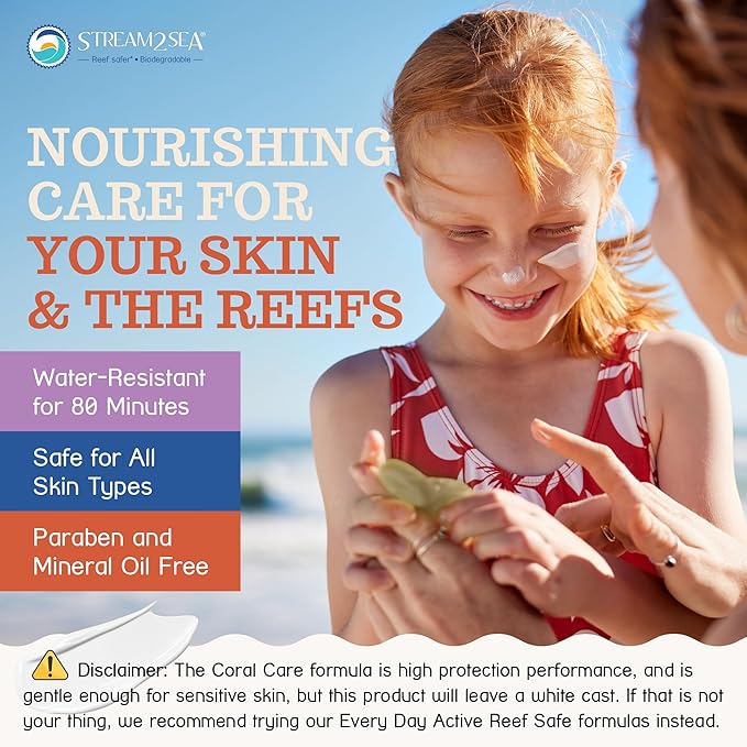 Stream2Sea Coral Care - Reef Safe Sunscreen SPF 30 Travel Size - First Reef-Approved Natural Mineral Sun block Boosts Coral Growth, Water resistant, Biodegradable, Eco-Friendly - 2 Pack