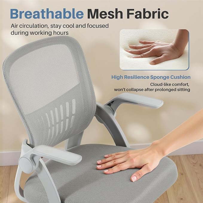 DUMOS Home Office Computer Chair - Ergonomic Mid Back Desk with Lumbar Support and Rocking Mode, Height Adjustable with Flip-up Armrest, for Conference Meeting Room, 360° Swivel, Adults, Grey