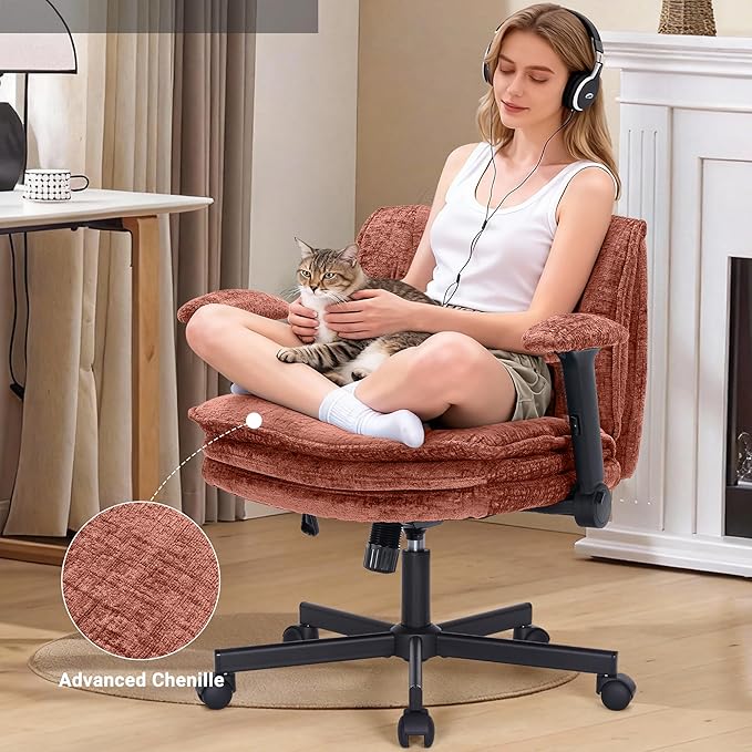 Criss Cross Chair with Wheels and Flip Arms, Upholstered Cross Legged Office Chair with 3 Layer Cushions&Dynamic Airbag Lumbar Support, Wide Seat Comfy Desk Chair for Home Office, Living Room, Orange
