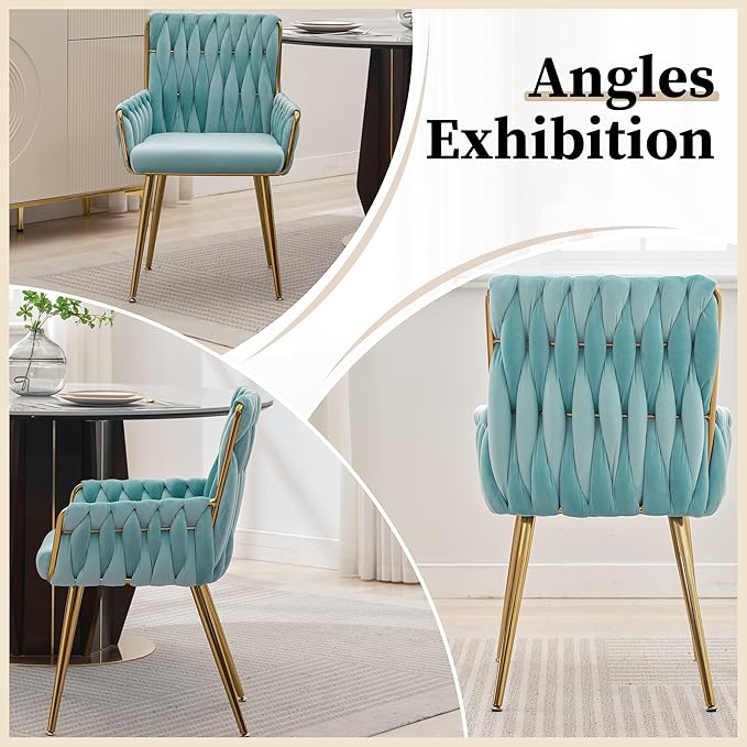 ABET Office Desk Chair No Wheels, Woven Velvet Vanity Chair with Back & Armrest, Comfy Upholstered Cute Gold Metal Legs Makeup Aesthetic Armchair for Girls & Women Bedroom, Nail Spa, Light Blue