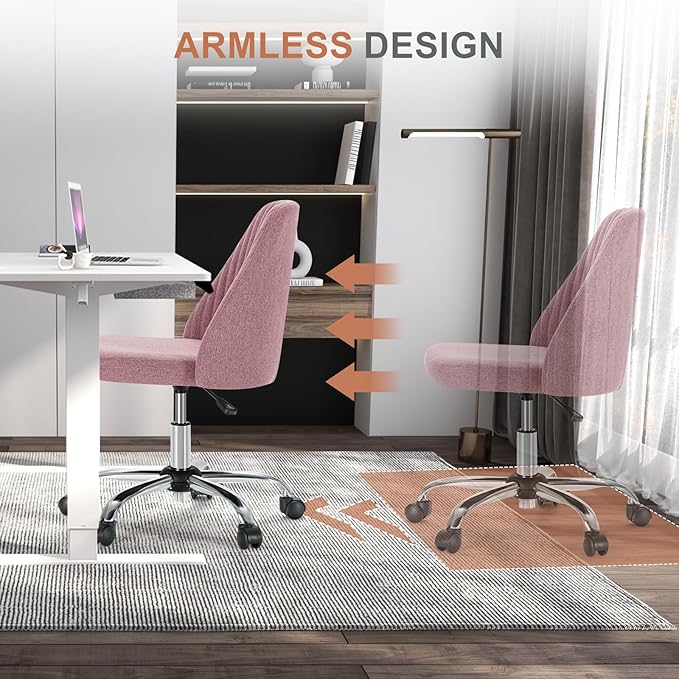 DUMOS Office Desk Chair, Modern Cute Rolling Vanity Swivel Task Seating with Wheels, Comfortable Back Seat Armless for Home, Bedrooms, Study, Student, Adults, Make-Up, Dressing Room Dusty Rose