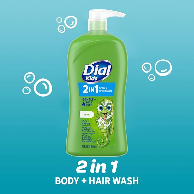 Dial Kids All-in-1 Body Wash + Hair + Bubble Bath, Melon Scent, 32 Fl Oz, Hypoallergenic Body Wash & Shampoo, No Tears Formula for Kids 2+ Years, No Parabens & Silicones (Pack of 2)