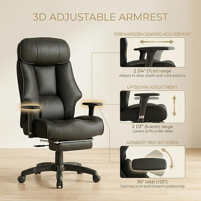 Big and Tall Office Chair 500lbs - 22.4" Extra Wide Seat Ergonomic Executive Chair, Heavy Duty High Back Leather Office Chair with Footrest, Lumbar Support & Adjustable Arm (All Black)