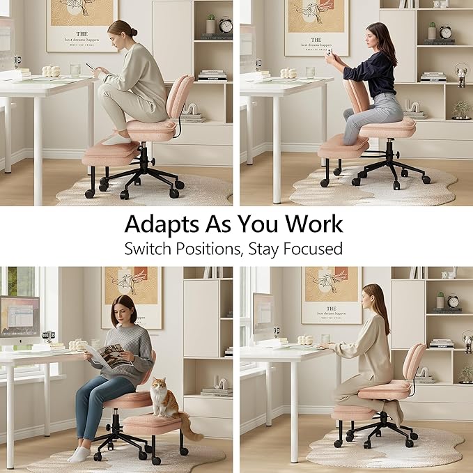 AODAILIHB Ergonomic Cross Legged Office Chair with Pull-Out Stool, 360° Swivel Teddy Fabric Meditation Chair with Wheels, Height Adjustable Kneeling Chair with Lumbar Support for Home Office, Pink