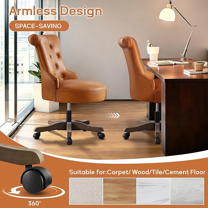 HUIMO Home Office Chair Upholstered Armless Desk Chair with Wheels Adjustable Height Computer Desk Chair with Wooden Legs Comfortable Swivel Chair for Home Office Study Studio (Caramel Brown)