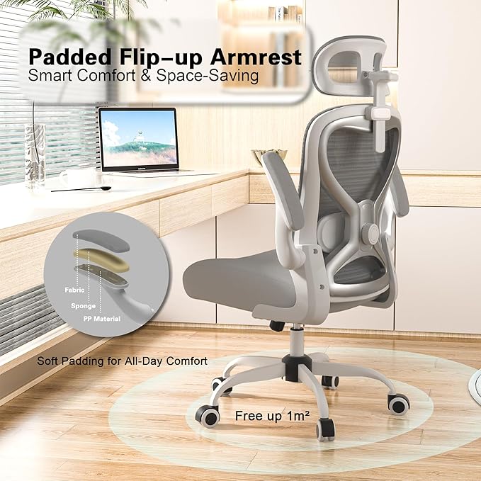 Ergonomic Office Chair for Back & Neck Pain Relief, Virgin Foam Seat, 2D Adjustable Lumbar & 3D Headrest, Tilt & Rock for Relaxation, Ideal for Long Sitting Comfort, Gray/Silver