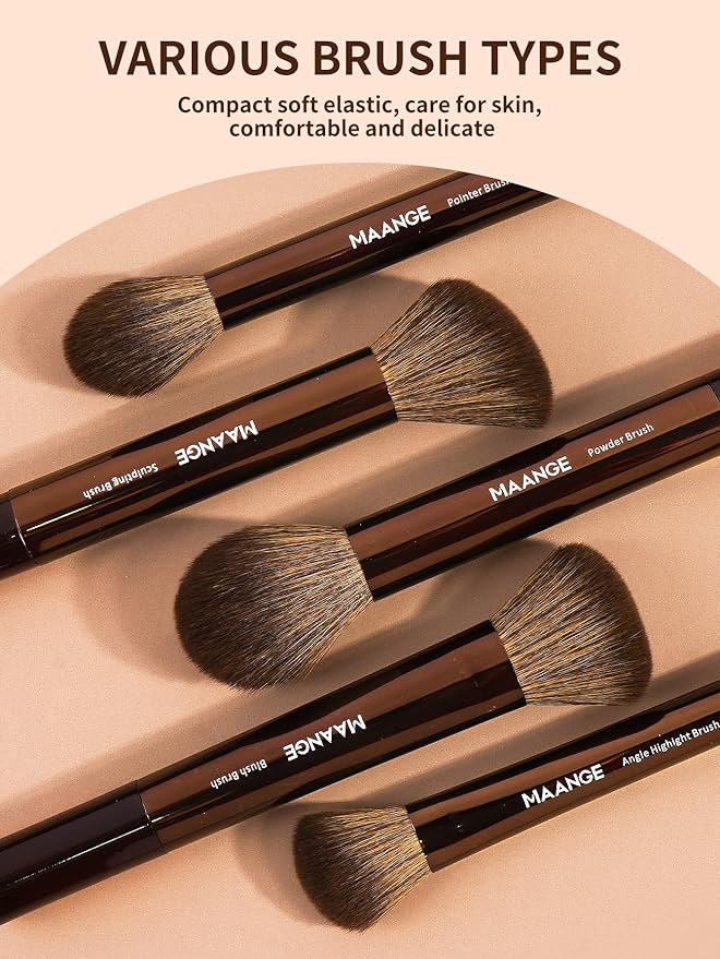MAANGE 13 PCS Makeup Brushes Professional Make Up Brushes Premium Synthetic Powder Concealers Brushes Travel Makeup Brush Set with Case (Brown)