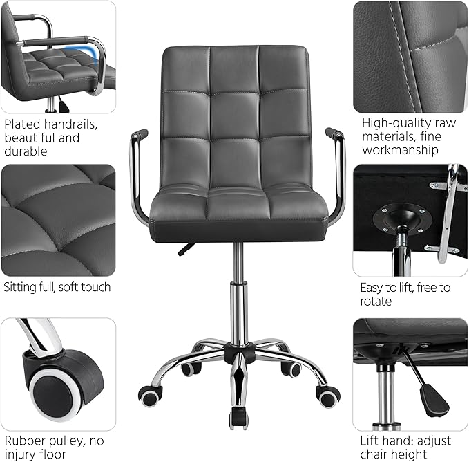 Yaheetech Mid Back Desk Chair, PU Leather Office Task Chair with Armrests/Large Seat, Adjustable Chair with Wheels, Grey