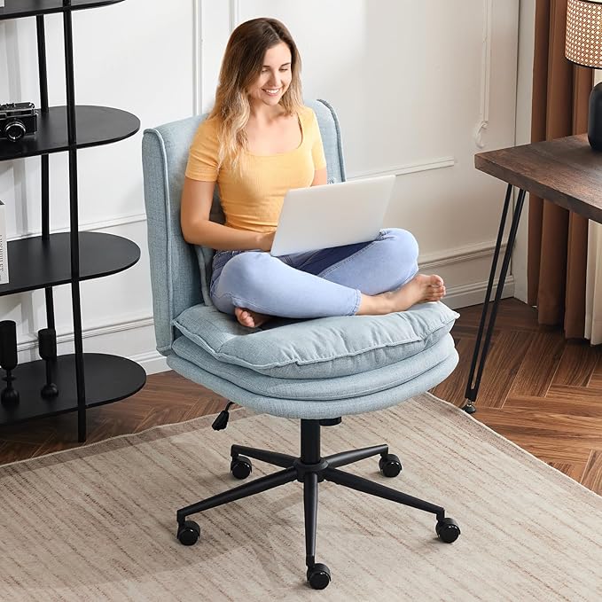VINGLI Cloud Criss Cross Legged Chair,18" High Back Armless Home Office Desk Chair with Wheels,Wide Adjustable Comfy Padded Seat Task Computer Chair,Modern Swivel Makeup Vanity Chair,Fabric,Blue