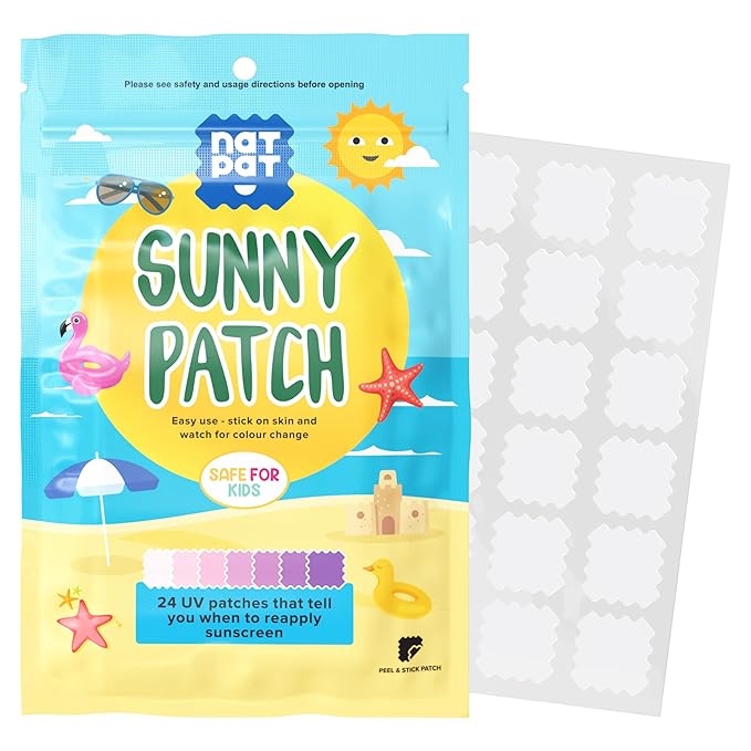 NATPAT Sunny Patch UV Detection Stickers Sunburn Prevention for Kids and Adults - Natural Waterproof Patches, Changes Color When Time To Reapply Your SunScreen - BuzzPatch (24 Pack)