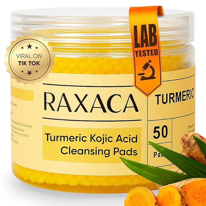 Kojic Acid Turmeric Exfoliating Cleansing Pads with Vitamin C in Cotton Pads, Dark Spots Remover & Deep Clean Pores for Face - 50 Pcs.