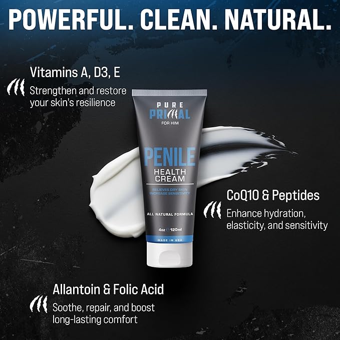 Pure Primal Penile Health Cream for Men – Fast-Absorbing Daily Moisturizer for Delicate Areas – Hydration & Comfort Support for Sensitive, Dry, or Irritated Skin – Non-Greasy, Fragrance-Free Formula