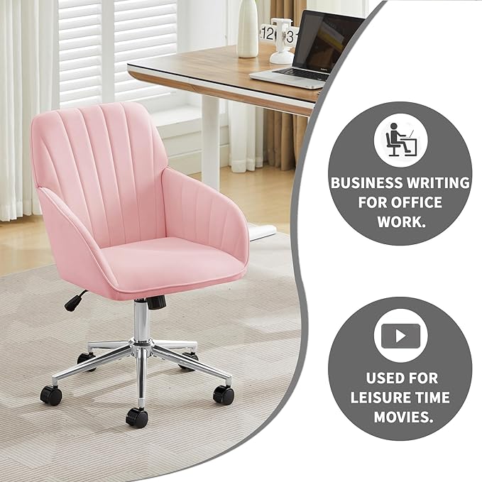 YITAI Velvet Office Desk Armchairs with Silver Base and Wheels,Modern Height Adjustable 360 Degree Swivel Upholstered Vanity Chairs for Living/Room Bedroom/Study,Pink
