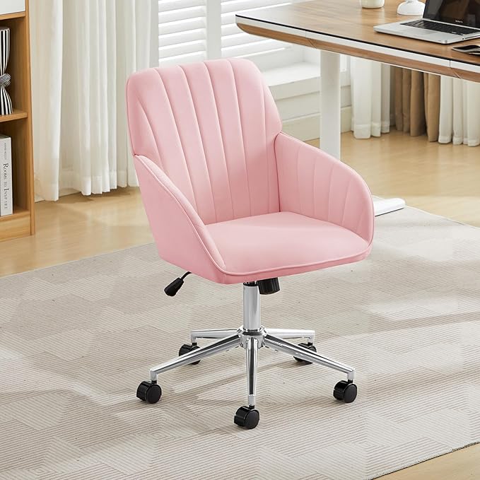 YITAI Velvet Office Desk Armchairs with Silver Base and Wheels,Modern Height Adjustable 360 Degree Swivel Upholstered Vanity Chairs for Living/Room Bedroom/Study,Pink