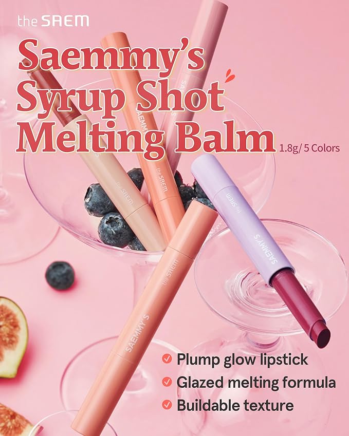 THESAEM Saemmy's Syrup Shot Melting Balm - Plumping Lip GLoss Lipstick for Glazed Shine Lips - Korean Lip Makeup - Long Lasting Moisturizing, 0.06oz. (02 Peach Coat)