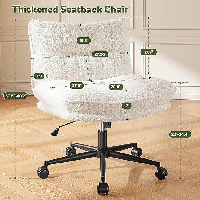 Criss Cross Chair with Wheels, 7" Extra Thick Cross Legged Office Chair, Height Adjustable Swivel Design for Home Office, Study & Vanity,White