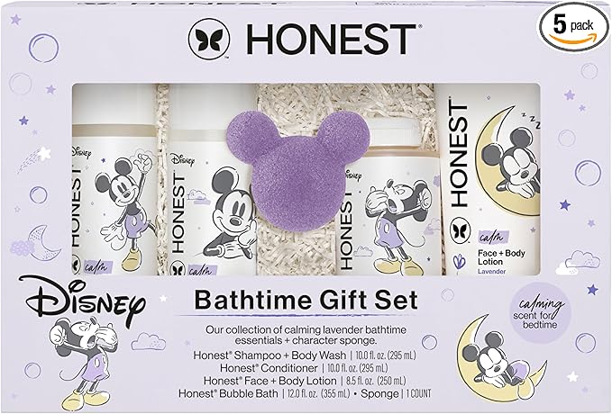 The Honest Company Calm Lavender Bathtime Gift Set, Disney Design, Hypoallergenic Bath for Sensitive Baby Skin, Shampoo Body Wash Face Lotion Bubble Conditioner Sponge