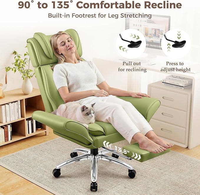 Big and Tall Office Chair, Flip Armrests for Pets & Cross Legged Sitting, Ergonomic Leather Executive Desk Chair with Foot Rest, High-Back Reclining Computer Chairs for Office Home Game - Green