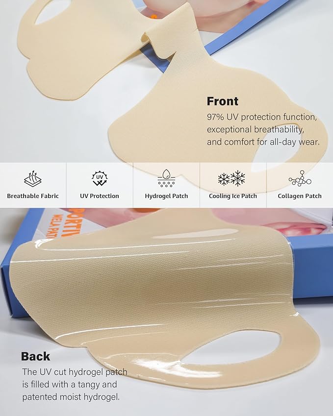 SHIONLE 4 Pack Sportive Mela Sun Protection Face Mask Cooling Patch with Earloops Golf & Outdoor Sports Activities Sunblock Shield Sunscreen Tape UV Block Sheet with Hydrogel All Skin Type (Type-D)