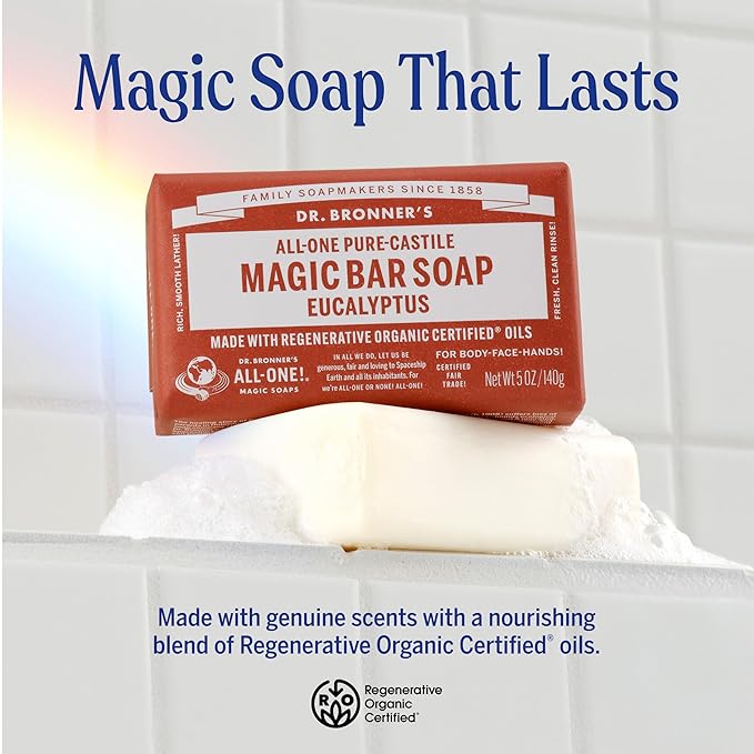 Dr. Bronner's Pure-Castile Magic Bar Soaps - Made with Regenerative Organic Certified Oils - For Face, Body, Hair- Vegan Soap Bars for Men & Women - Eucalyptus 2 pack, 5 oz
