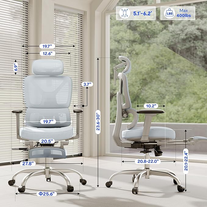 FLEXISPOT ErgoX Premium Ergonomic Office Chair with Footrest- Adjustable 3D Armrests, Dynamic Lumbar Support, Recline & Tilt Function, Mesh Seat, for Home & Office Use,Blue Foam