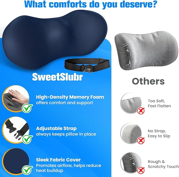 Lumbar Support Pillow for Office Chair - Memory Foam Lumbar Pillow with Detachable Strap & Breathable Cover, Ergonomic Back Support for Office Chair, Car Seat Cushion, Bed Rest (Blue)
