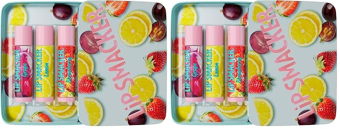 Lip Smacker Nostalgia Lip Balm Trio Tin, Original & Best Flavors, Grape, Lemon, and Strawberry, Moisturizing & Hydrating Lip Care, Clear Glossy Finish, Fun & Collectible Gift Set for All Ages