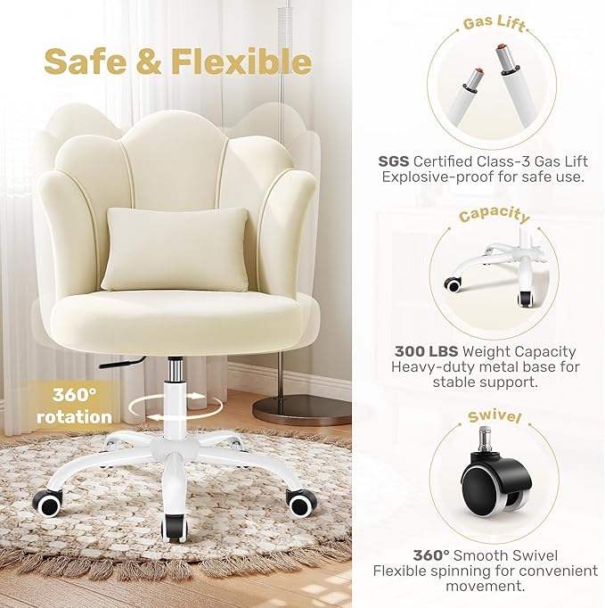 Petal Vanity Chair with Wheels, 3.15" Extra Thick Comfy Makeup Chair, Adjustable Modern Swivel Armless Desk Chair for Girls Women, Aesthetic Small Office Chair for Bedroom Dorm
