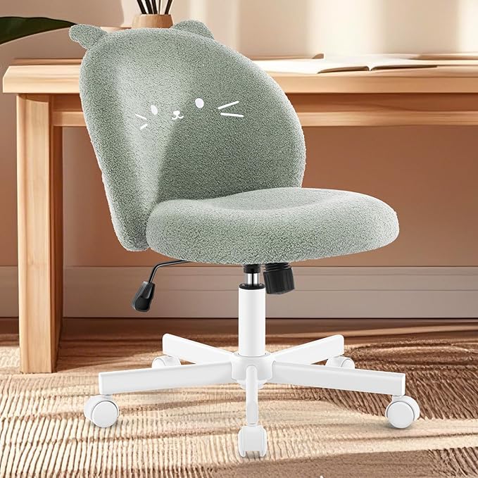 Vanity Chair with Cat Back,Armless Desk Chair Cute Small Office Chair,Teddy Fabric Computer Chair with Adjustable Height,120°Tilting,Rolling,Swivel for Vanity,Kids Room,Office,Bedroom Green