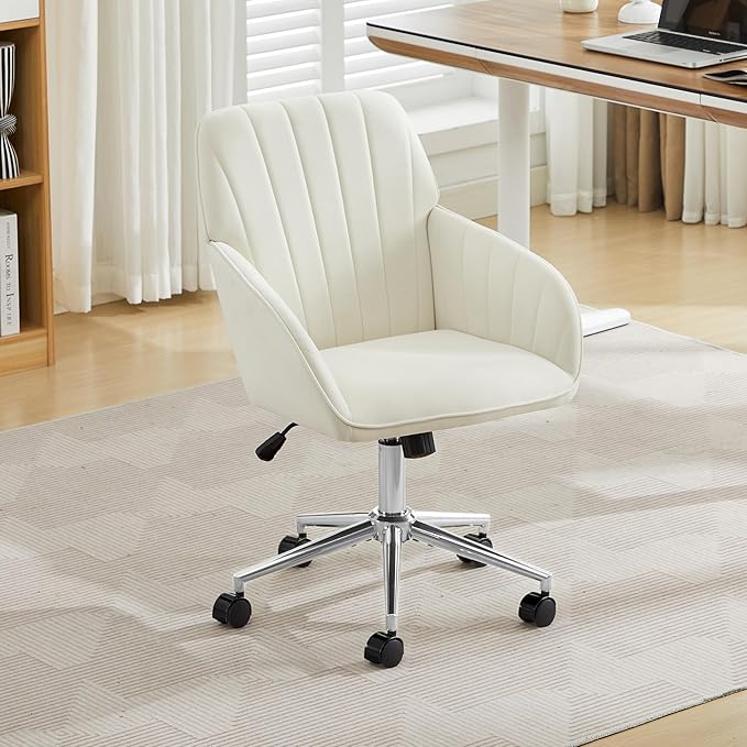 Velvet Home Office Desk Chair, Modern Cute Computer Task Chair with Back, Height Adjustable Upholstered Vanity Chair with Swivel Wheels for Women, Girls (Silver Base, Cream