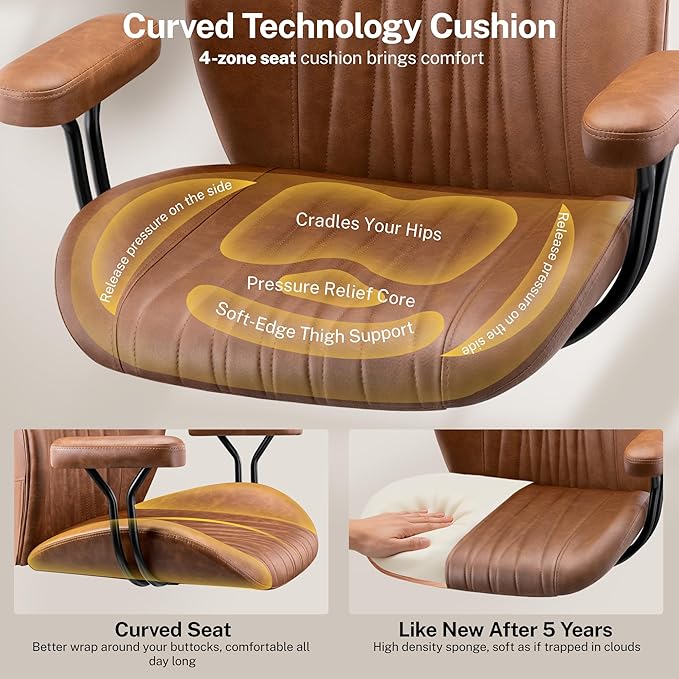 Leather Office Chair with Removable Armrests, Mid Back Ergonomic Desk Chair with Lumbar Support, Adjustable Height Rocking Swivel Executive Chair for Home Office, Brown